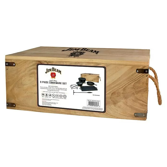 Jim Beam Koch-Set - 9 -tlg., Schwarz - Jim Beam 9-teiliges Gusseisen-Kochgeschirr-Set in einer Holzkiste.