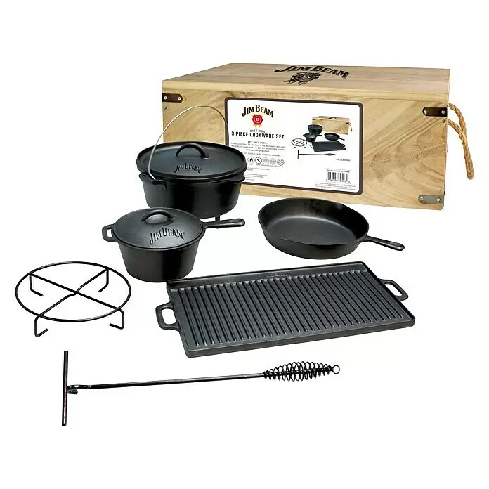 Jim Beam Koch-Set - 9 -tlg., Schwarz - Jim Beam 9-teiliges schwarzes Gusseisen-Kochgeschirrset mit Töpfen, Pfannen, Grillplatte und Zubehör.