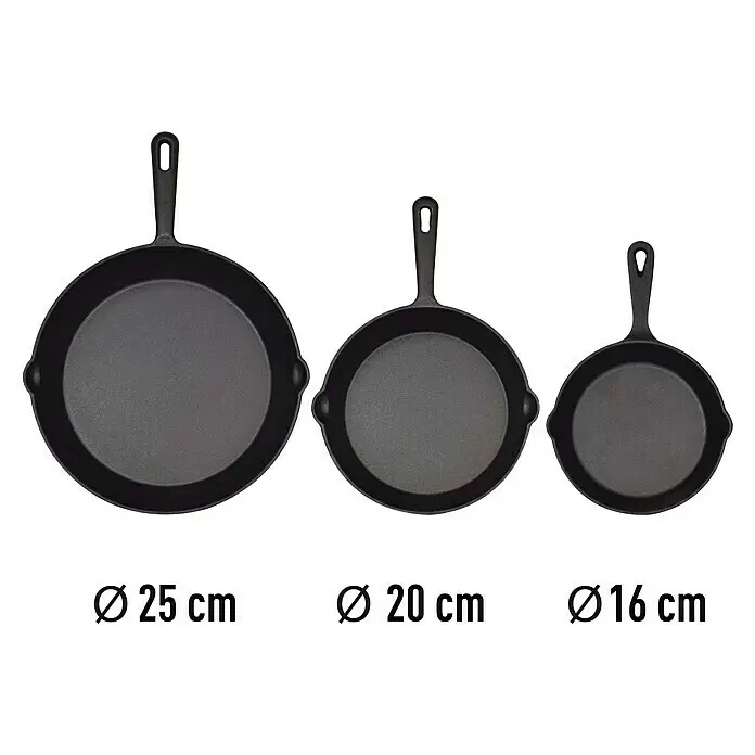 Jim Beam Pfannen-Set - 3 -tlg. - Drei schwarze Gusseisen-Bratpfannen in den Größen 25 cm, 20 cm und 16 cm.