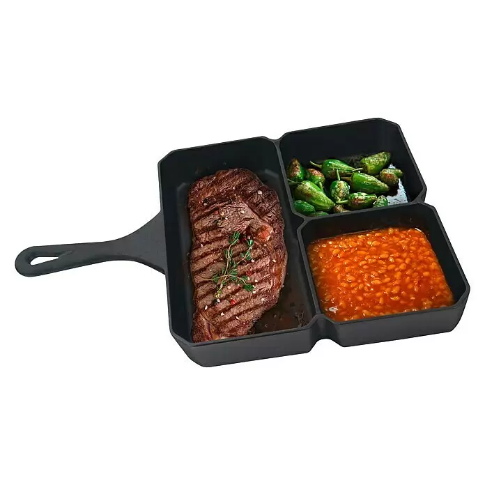 Jim Beam Grillpfanne - L x B: 38,5 x 26 cm, Höhe: 3,9 cm - Schwarze segmentierte Pfanne mit Steak, grünen Paprikaschoten und Bohnen, mit Griff.