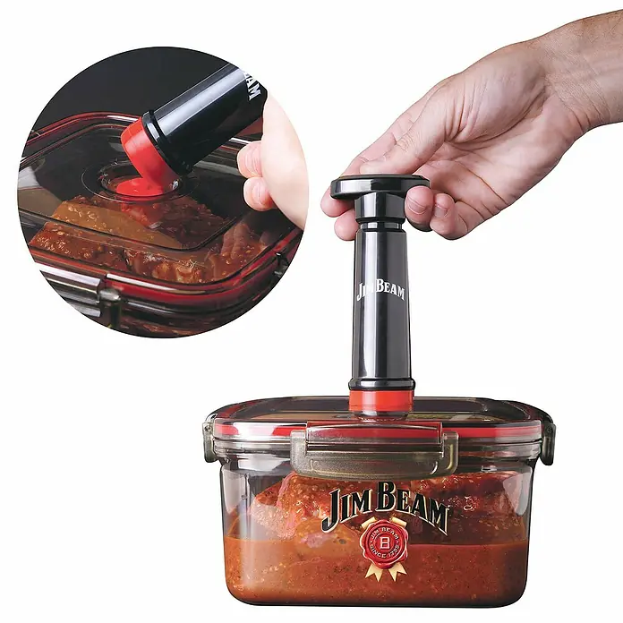 Jim Beam Vakuumbehälter - Kunststoff, L x B x H: 21,5 x 21,5 x 12 cm - Ein Jim Beam Vakuum-Mariniersystem mit Behälter wird verwendet, um Lebensmittel schnell und einfach zu marinieren.