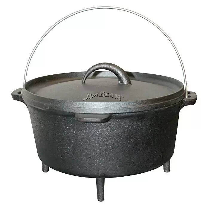 Jim Beam Koch-Set - 9 -tlg., Schwarz - Schwarzgusseiserner Dutch Oven mit Deckel, Tragegriff, drei Beinen und 'Jim Beam'-Logo.