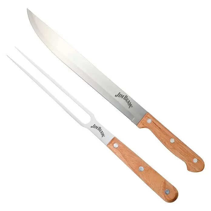 Jim Beam Schneidebrett-Set - 3 -tlg., Holz - Ein Jim Beam Tranchierbesteck mit Edelstahlmesser und Gabel, beide mit hellen Holzgriffen.