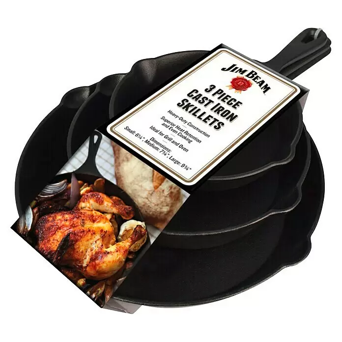 Jim Beam Pfannen-Set - 3 -tlg. - Jim Beam 3-teiliges Gusseisenpfannen-Set, schwarz, mit Etikett, ideal für Grill und Ofen.