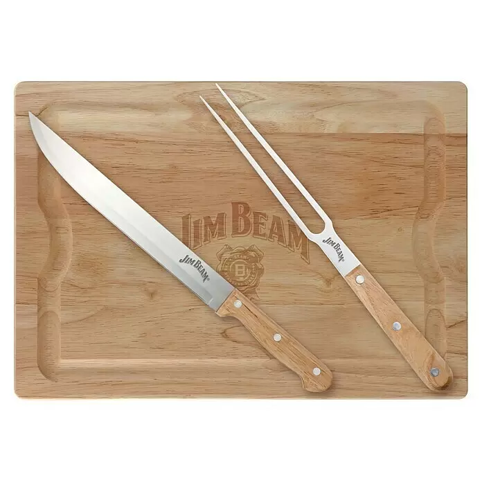 Jim Beam Schneidebrett-Set - 3 -tlg., Holz - Jim Beam Schnitzset mit Edelstahlmesser und Gabel mit Holzgriffen, auf einem Holzschneidebrett mit geprägtem Logo.