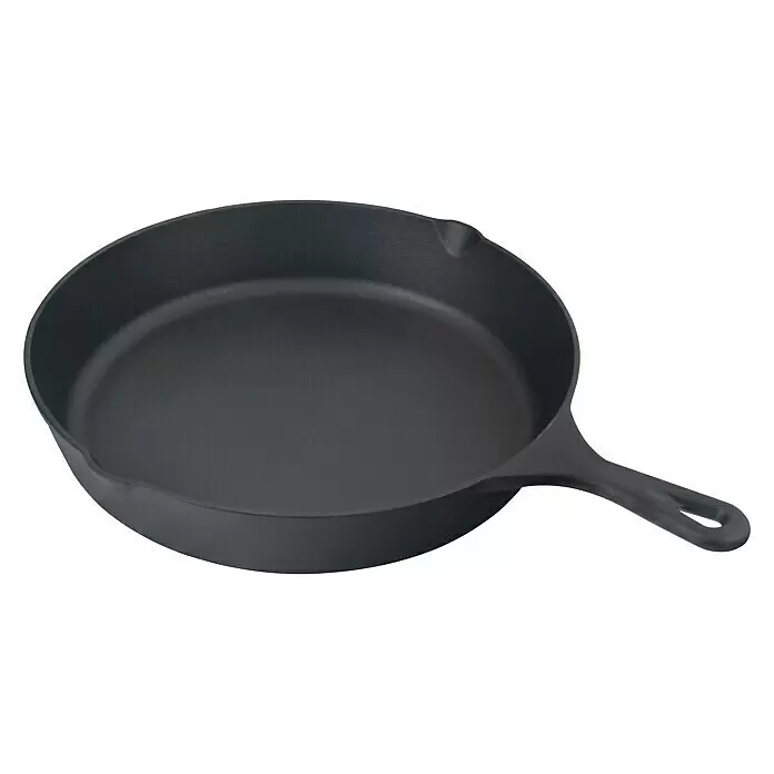 Jim Beam Koch-Set - 9 -tlg., Schwarz - Schwarze gusseiserne Pfanne mit Griff, bereit zum Kochen.