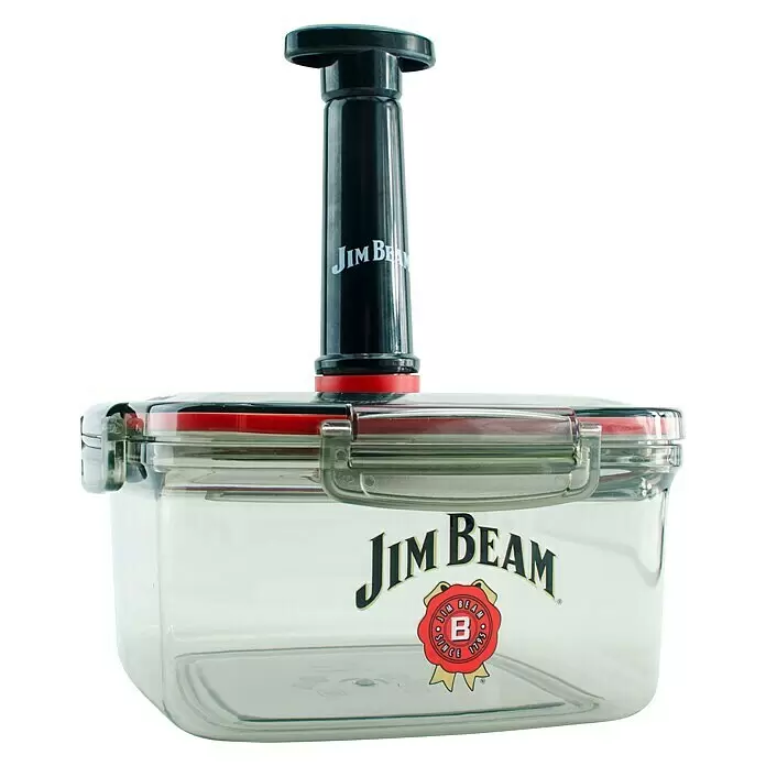 Jim Beam Vakuumbehälter - Kunststoff, L x B x H: 21,5 x 21,5 x 12 cm - Transparenter rechteckiger Jim Beam Vakuumbehälter mit schwarzer Vakuumpumpe und roter Dichtung.