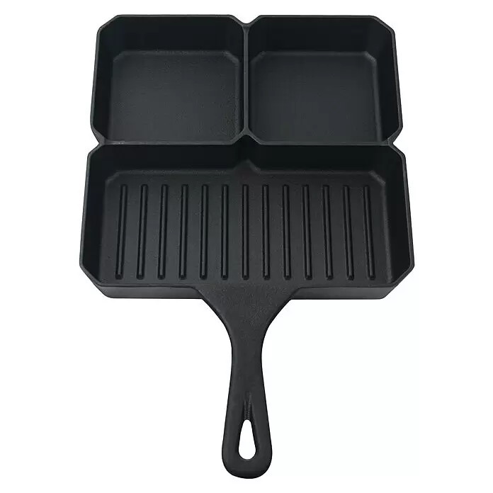 Jim Beam Grillpfanne - L x B: 38,5 x 26 cm, Höhe: 3,9 cm - Schwarze gusseiserne Mehrfach-Bratpfanne mit zwei quadratischen und einer gerippten Grillfläche, und Griff.