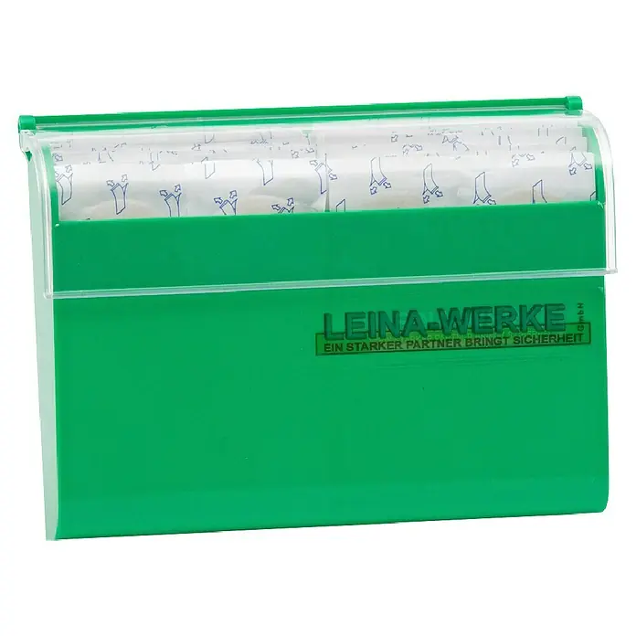 Leina-Werke Pflasterspender - 100 Stk., 160 x 120 x 25 mm, Mit Wandhalterung - Ein grüner LEINA-WERKE Spender für Ohrstöpsel zur Wandmontage. Er bietet einfachen Zugriff auf Gehörschutz und trägt zur Sicherheit am Arbeitsplatz bei.