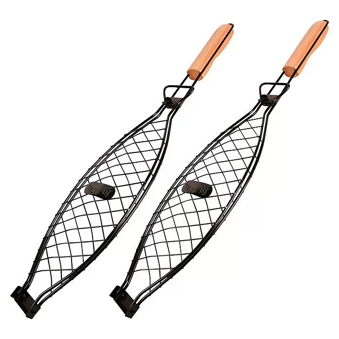 Jim Beam Fisch- & Gemüsehalter - Länge: 67 cm, 2 Stk. - Zwei schwarze Fisch-Grillkörbe aus Metall mit Holzgriffen.