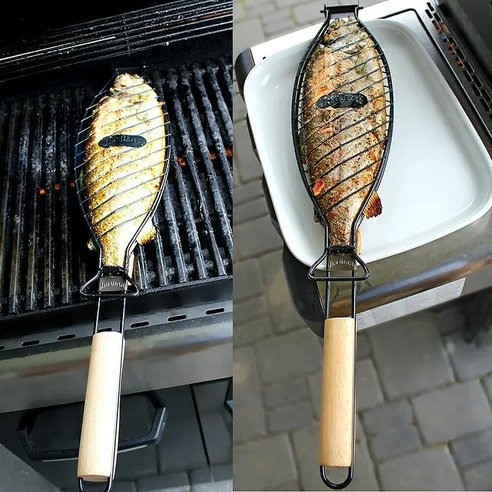 Jim Beam Fisch- & Gemüsehalter - Länge: 67 cm, 2 Stk. - Gegrillter Fisch in einem Fischgrillkorb.