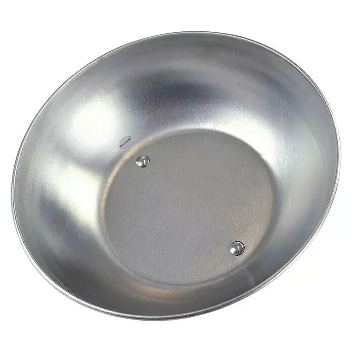 Jim Beam Burgerglocke - Edelstahl, Durchmesser: 22,5 cm - Silberne gebürstete Aluminiumpfanne oder -schale mit sichtbaren Nieten und einem 'MADE IN CHINA'-Etikett.