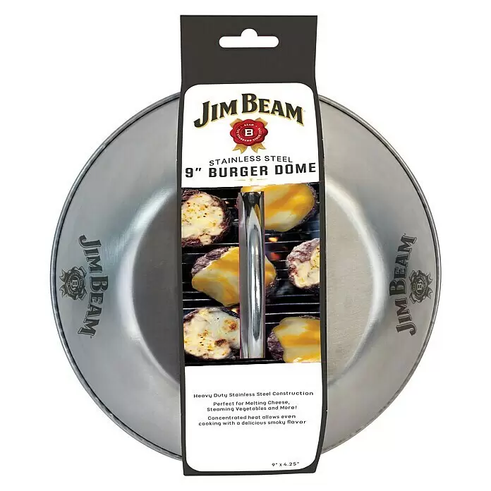 Jim Beam Burgerglocke - Edelstahl, Durchmesser: 22,5 cm - Edelstahl Jim Beam 9" Burgerhaube mit Anhängeetikett, das gegrillte Burger und Produktmerkmale zeigt.
