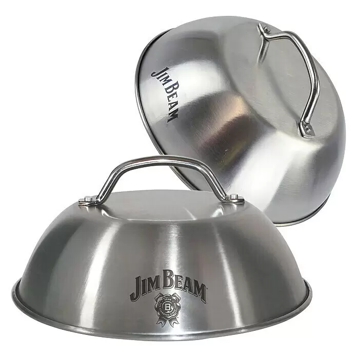 Jim Beam Burgerglocke - Edelstahl, Durchmesser: 22,5 cm - Zwei silberne Burger-Bratglocken aus Edelstahl, jeweils mit Griff und 'Jim Beam'-Logo.