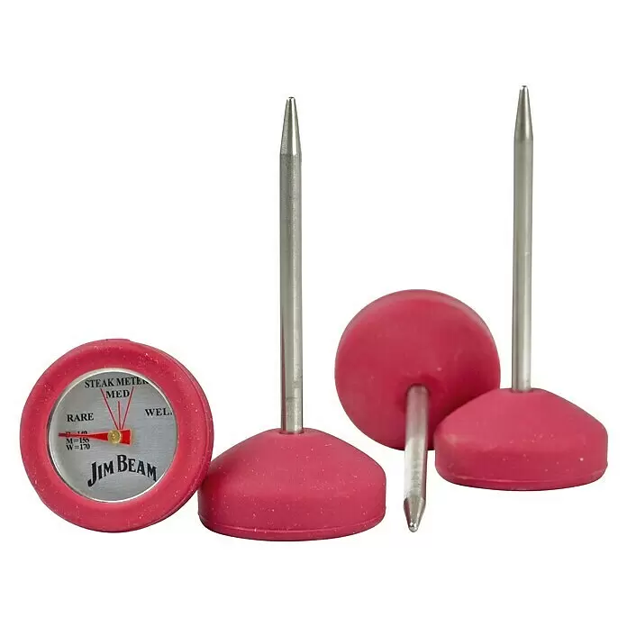 Jim Beam Grill-Thermometer - 4 Stk. - Rote und silberne Fleischthermometer zur Bestimmung des Garzustands von Steaks, eines zeigt "RARE", "MED", "WEL" und "JIM BEAM".