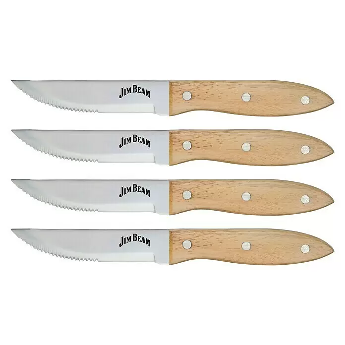 Jim Beam Steakmesser-Set - Edelstahl, Silber/Braun, 4 Stk. - Set aus vier Jim Beam Steakmessern mit gezackten Edelstahlklingen und hellen Holzgriffen.