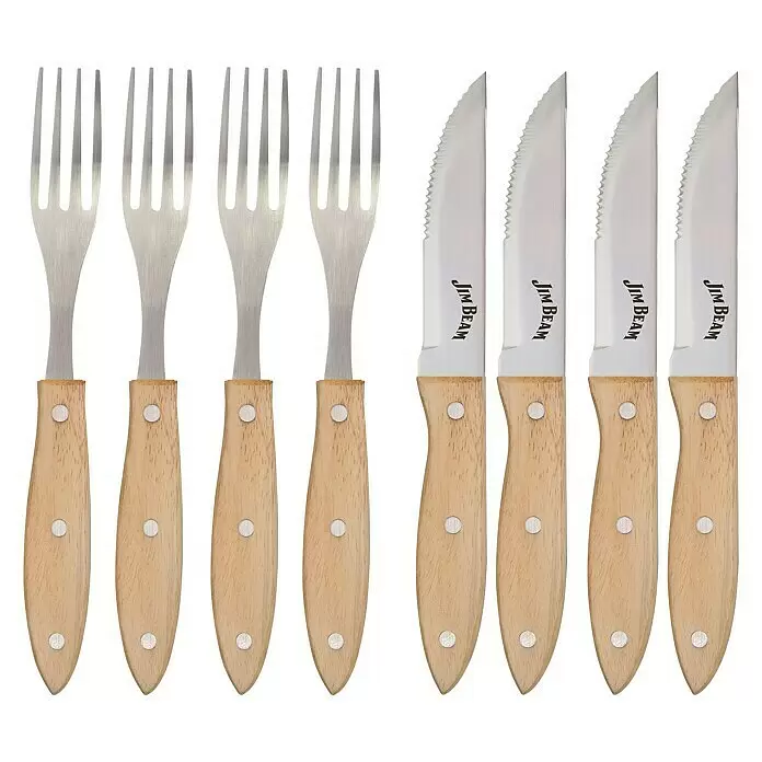 Jim Beam Steakmesser-Set I - Edelstahl, Silber/Braun, 8 -tlg. - Achtteiliges Besteckset: vier silberne Gabeln und vier gezackte Jim Beam Steakmesser, alle mit hellen Holzgriffen.