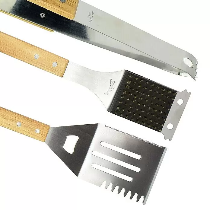 Jim Beam Grillbesteck Set III - Länge: 46 cm - Edelstahl Grillbesteck-Set mit Holzgriffen: Zange, Grillbürste und Spatel.