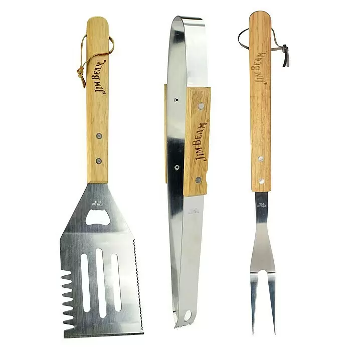 Jim Beam Grillbesteck Set IV - Länge: 46 cm - Jim Beam BBQ-Grillbesteck-Set: Edelstahlwender, Zange und Gabel mit Holzgriffen.