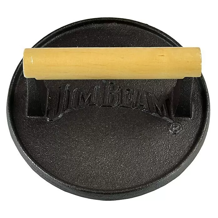 Jim Beam Fleischbeschwerer - Holz, 2 Stk. - Runde schwarze Gusseisenpresse mit hellem Holzgriff, geprägt mit "Jim Beam" Logo.