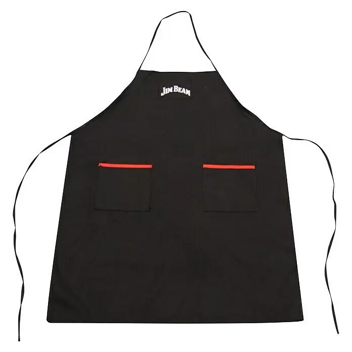 Jim Beam Grillschürze - Textil, Schwarz, L x B: 78 x 68 cm - Eine schwarze Stoffschürze mit weißem „Jim Beam“-Logo und rot abgesetzten Taschen.