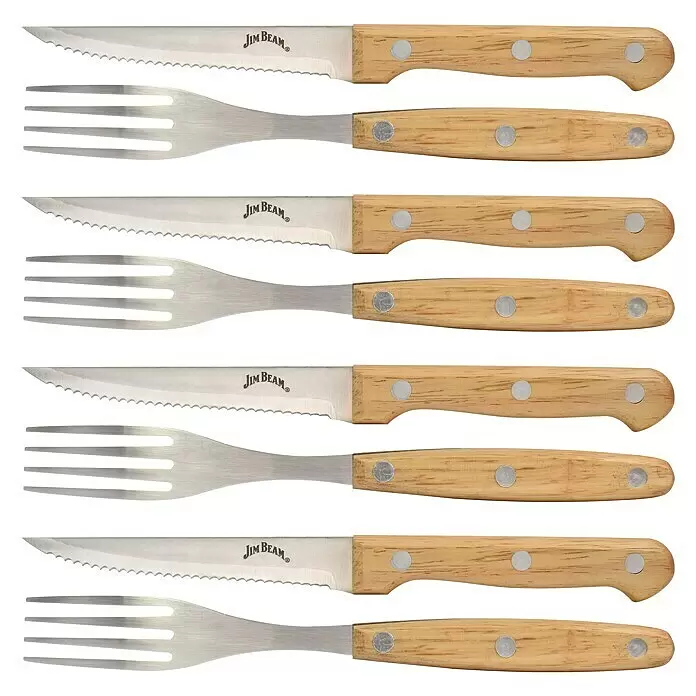 Jim Beam Steakmesser-Set II - Edelstahl, Silber/Braun, 8 -tlg. - Vier Jim Beam Steakmesser- und Gabel-Sets mit gezackten Stahlklingen und Holzgriffen.