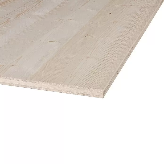 Leimholzplatte I - Fichte, Qualitätsstufe Leimholzplatte: B/C, 2.500 x 600 x 19 mm - Helle, mehrschichtige Holzplatte mit sichtbarer Maserung und Ästen.