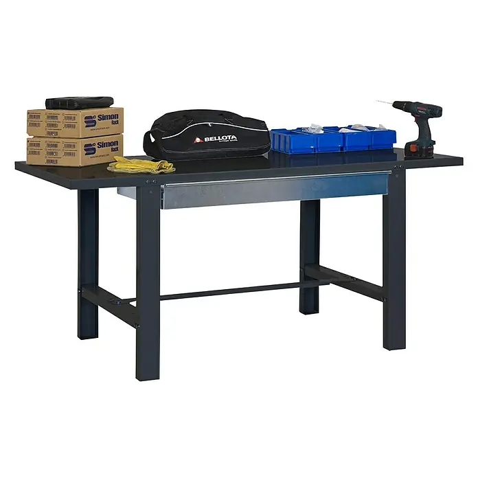 Simonrack Simonwork Werkbank BT6L METAL 1BOX - L x B: 73 x 180 cm, Arbeitshöhe: 83 cm, Belastbarkeit: 635 kg, Schwarz - Werkbank mit Schraubstock, Werkzeugkasten, Schrauben, Bohrmaschine und Arbeitskleidung für Handwerker und Heimwerker.