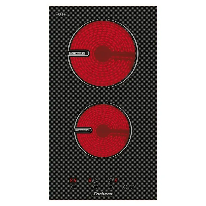 Corberó Placa de cocción vitrocerámica CCVG2902D - Número de fogones estándar: 2 ud. - Imagen de una placa de cocina Corberó con dos zonas de cocción encendidas en rojo. La placa tiene una superficie negra con detalles rojos en el borde.