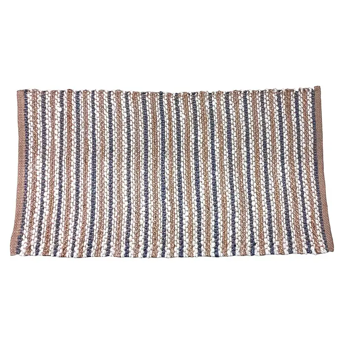 Alfombra de yute Rayas - Natural/crudo, 110 x 60 cm - Alfombra tejida a rayas en tonos naturales. La alfombra tiene un patrón de rayas en tonos marrones, blancos y azules, con una textura robusta.
