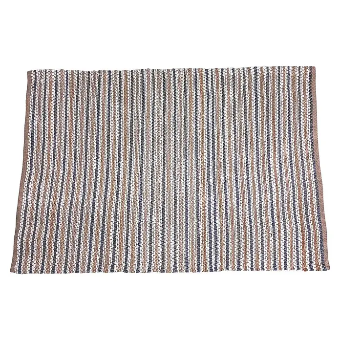 Alfombra de yute Rayas - Natural/crudo, 170 x 120 cm - Primer plano de una alfombra de rayas en tonos marrones, grises y blancos, mostrando su textura rústica y natural.