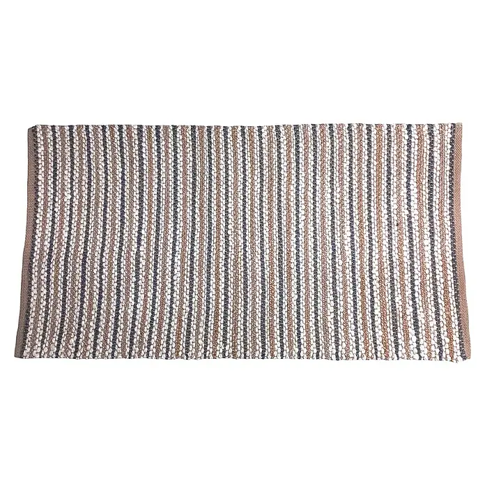Alfombra de yute Rayas - Natural/crudo, 150 x 80 cm - Una alfombra de rayas en colores marrón, beige y negro con un adorno marrón estrecho. La alfombra tiene una textura tejida.