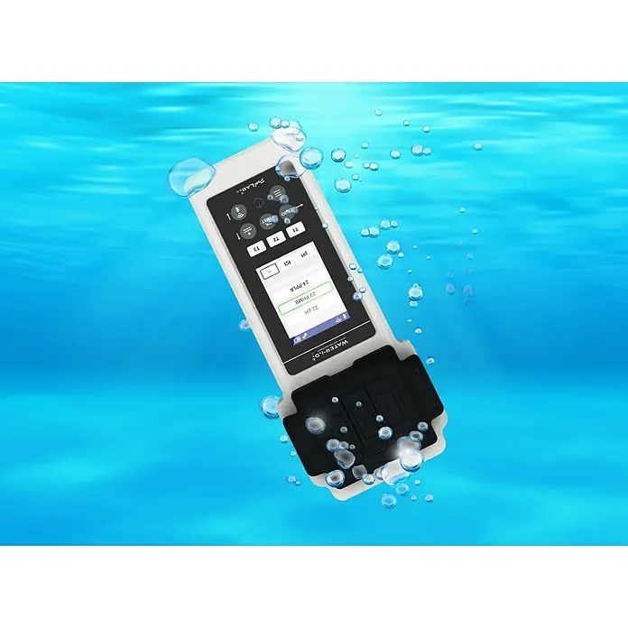 Wasser-Analysegerät Pool Lab 2.0 - Bluetooth - Das WATER-I.D. PLAB2, ein digitales Messgerät zur präzisen Bestimmung der Wasserqualität, dargestellt unter Wasser mit Blasen.