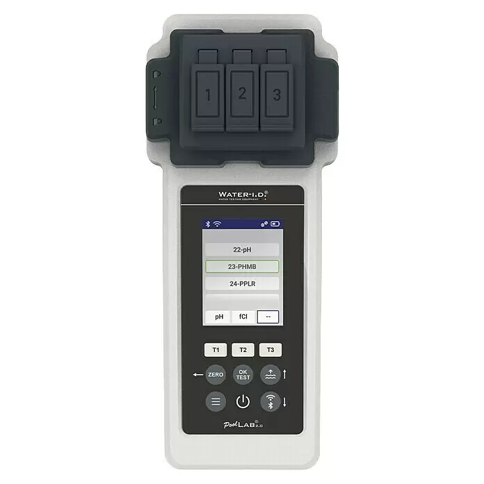 Wasser-Analysegerät Pool Lab 2.0 - Bluetooth - Weiß-dunkelgraues PoolLAB 2.0 Wassertestgerät mit digitalem Display für Testoptionen und Bedientasten. Drei nummerierte Kammern oben.