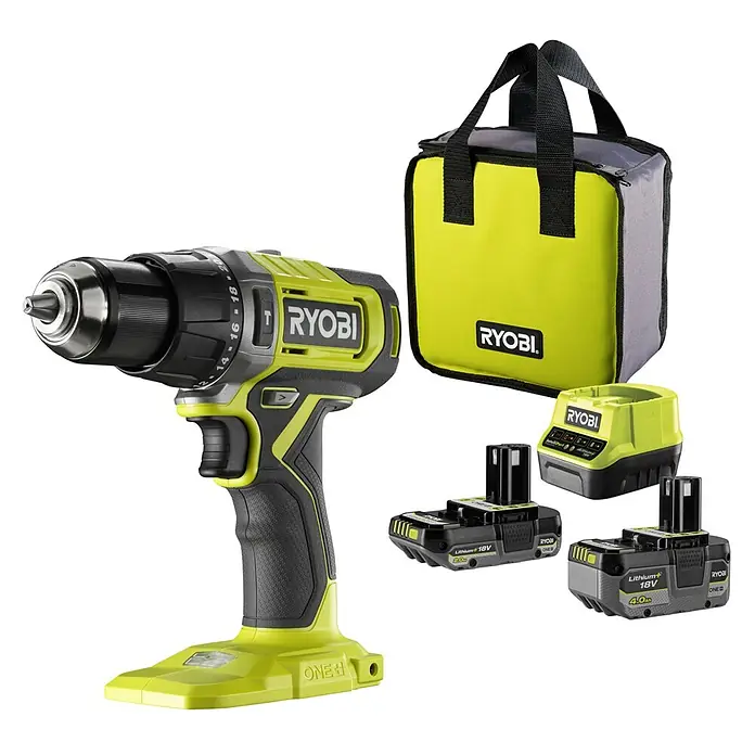 Ryobi ONE+ Akku-Schlagbohrschrauber RPD18-2C42S - 18 V, 2 Akkus, 2 Ah - 4 Ah, 52 Nm - Akkubohrmaschine von Ryobi mit Akkus und Ladegerät, ideal für Heimwerker und Profis, im Set mit praktischer Tragetasche.