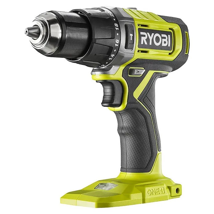 Ryobi ONE+ Akku-Schlagbohrschrauber RPD18-0 - 18 V, Ohne Akku, 52 Nm - Ryobi Akku-Bohrschrauber mit schwarzem Griff und grünem Gehäuse vor schwarzem Hintergrund.