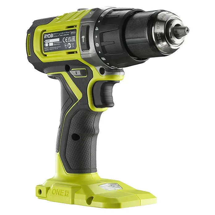 Ryobi ONE+ Akku-Schlagbohrschrauber RPD18-0 - 18 V, Ohne Akku, 52 Nm - Nahaufnahme eines Ryobi RPD18 Akku-Bohrschraubers mit grünem und schwarzem Farbschema, der für seine Leistung und Vielseitigkeit bekannt ist.