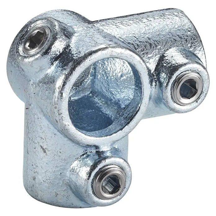 Mottez Rohrverbinder M069V27 - Durchmesser: 27 mm, Feuerverzinkt - Ein T-förmiges Rohrverbindungsstück aus verzinktem Stahl mit Inbusschrauben für eine sichere Befestigung. Ideal für industrielle Rohrkonstruktionen.