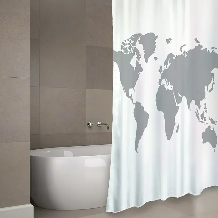 Venus Cortina de baño World - An x Al: 180 x 200 cm, Plástico, Blanco - Un baño elegante con una bañera exenta y una cortina de ducha elegante con un diseño de mapa mundial.