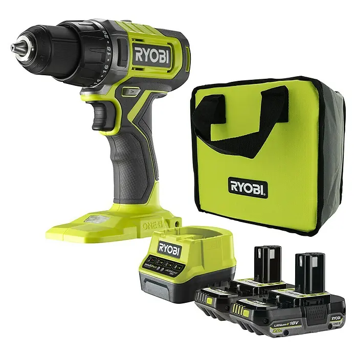 Ryobi ONE+ Akku-Bohrschrauber RDD18-2C20S - 18 V, 2 Akkus, 2 Ah, 52 Nm - Ein Ryobi Akku-Bohrschrauber-Set mit Ladegerät, Akkus und Tasche, ideal für Heimwerkerprojekte.