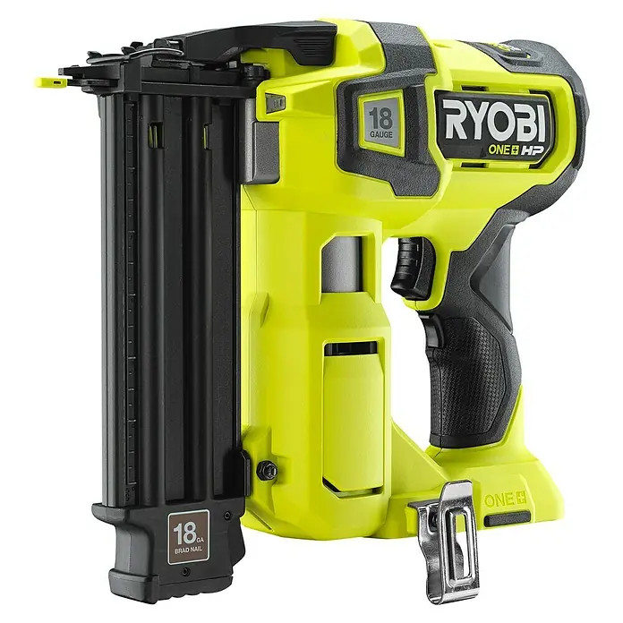 Ryobi ONE+ Akku-Nagler R18GN18X-0 - 18 V, Ohne Akku, Länge Nagel: 15 mm - 54 mm - Bild einer Ryobi ONE+ HP 18-Gauge-Akku-Nagelpistole, ein vielseitiges Werkzeug für präzise Befestigungsarbeiten mit kabelloser Freiheit.