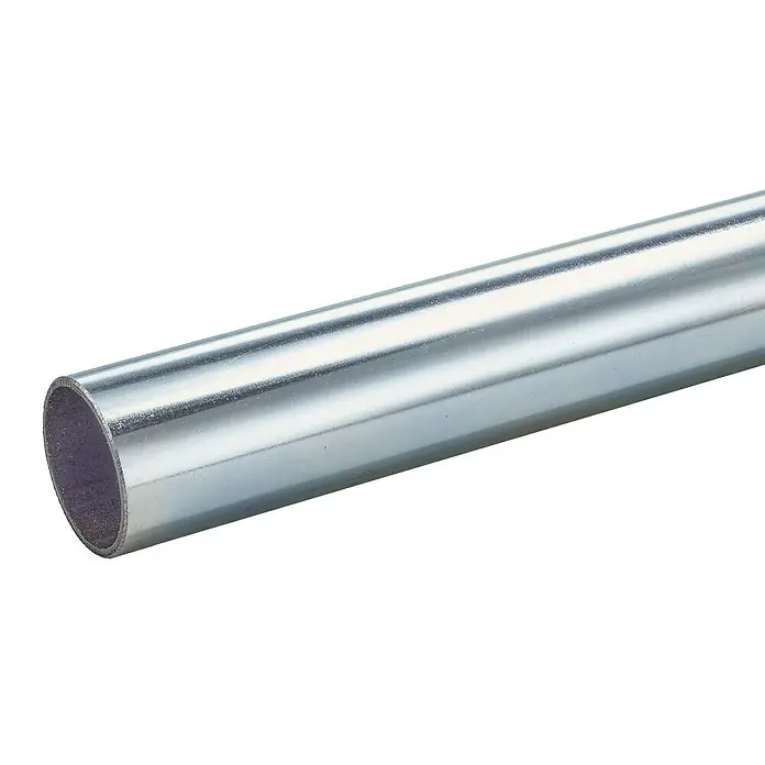 Mottez Rundrohr M042VZI - Feuerverzinkt, Stahl, Silber, Ø x L: 42 x 2.000 mm - Nahaufnahme eines glänzenden, silberfarbenen Metallrohrs. Ideal für Bau, Handwerk und DIY-Projekte, robust und vielseitig einsetzbar.