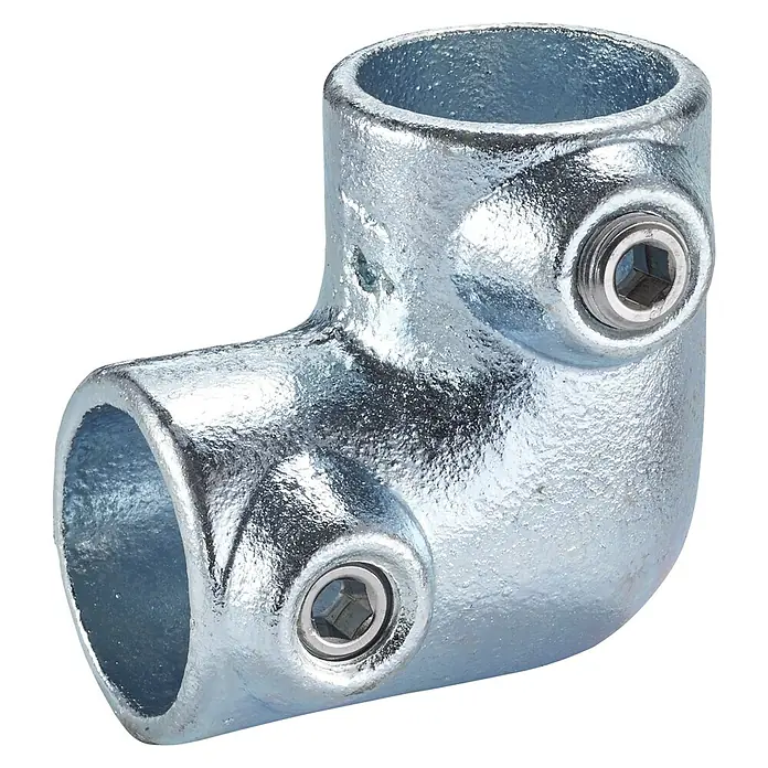 Mottez Rohrverbinder M065V42 - Durchmesser: 42 mm, Feuerverzinkt - Silbernes Winkelverbindungsstück mit Schrauben zur Rohrbefestigung, ideal für stabile Konstruktionen.