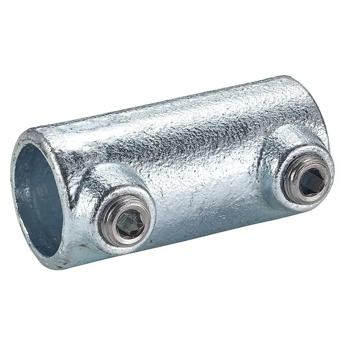 Mottez Rohrverbinder - Durchmesser: 27 mm, Feuerverzinkt - Detailaufnahme einer silberfarbenen Rohrschelle mit zwei Innensechskantschrauben vor schwarzem Hintergrund.