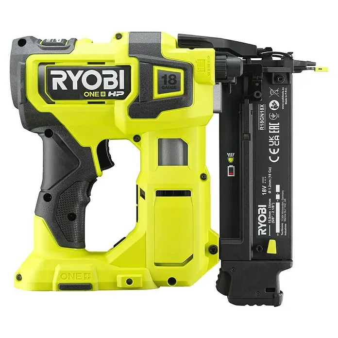 Ryobi ONE+ Maschinenpaket - Akku-Nagler R18GN18X-0 + gratis Starter-Kit - Bild einer Ryobi ONE+ HP 18-Gauge Akku-Nagelpistole, perfekt für präzise Befestigungen. Kompaktes Design für komfortable Handhabung.