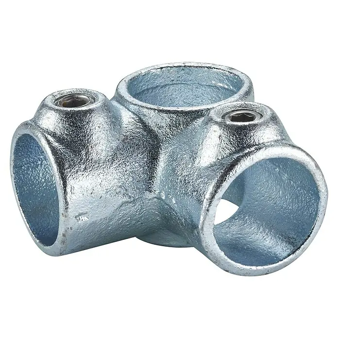 Mottez Rohrverbinder M069V42 - Durchmesser: 42 mm, Feuerverzinkt - Dreidimensionales Bild einer silbernen, verzinkten Rohrverbindung mit drei Öffnungen und Schrauben zur Befestigung.
