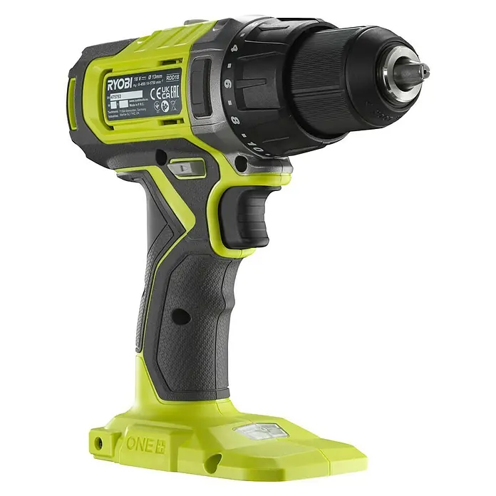 Ryobi ONE+ Akku-Bohrschrauber RDD18-2C20S - 18 V, 2 Akkus, 2 Ah, 52 Nm - Nahaufnahme eines Ryobi RDD18 Akku-Bohrschraubers in Gelb und Schwarz, ideal für Heimwerkerprojekte und professionelle Anwendungen.