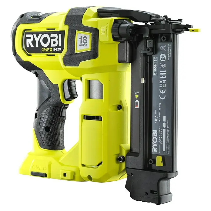 Ryobi ONE+ Maschinenpaket - Akku-Nagler R18GN18X-0 + gratis Starter-Kit - Abbildung eines gelben Ryobi ONE+ HP 18-Gauge-Nagelgeräts mit Akku, ideal für Heimwerker und Profis.