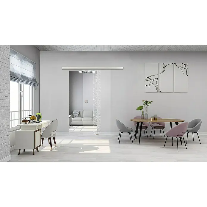 Diamond Doors Glasschiebetür 504 - 935 x 2.058 mm, Einscheibensicherheitsglas (ESG), Klarglas - Ein modernes Interieur mit einer eleganten Schiebetür aus Glas, die mit einem geometrischen Muster verziert ist und den Raum optisch öffnet.