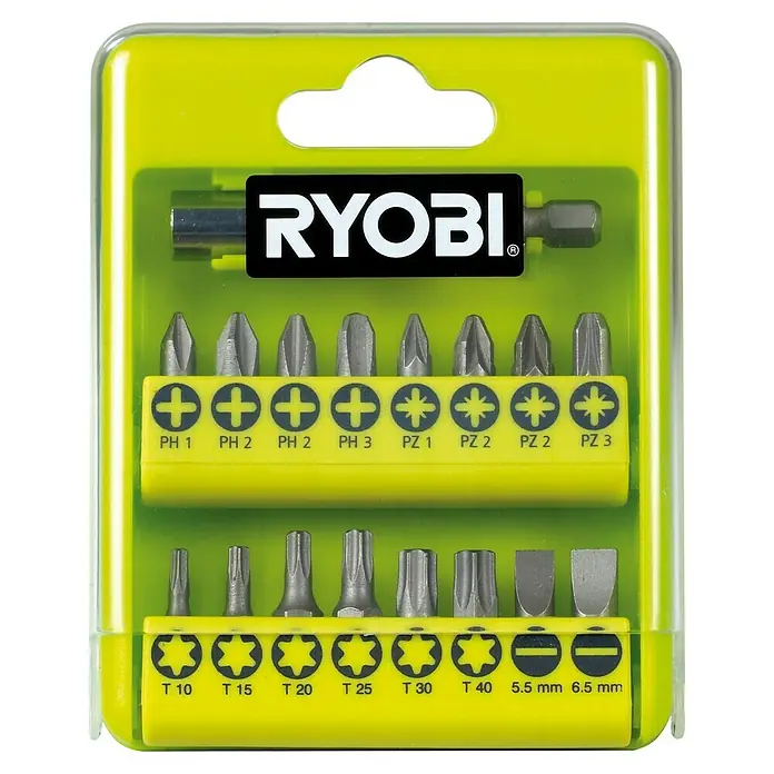Ryobi Bit-Set RAK17SD - 17 -tlg. - Das Bild zeigt ein Ryobi-Schrauberbit-Set mit verschiedenen Bits, inklusive Schlitz-, Kreuzschlitz- und Torx-Bits, ordentlich in einer gelben Verpackung.